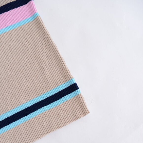 All Row Beige with Navy & Pink Stripe Bodycon Midi Short Sleeve Dress Medium - Picture 7 of 15